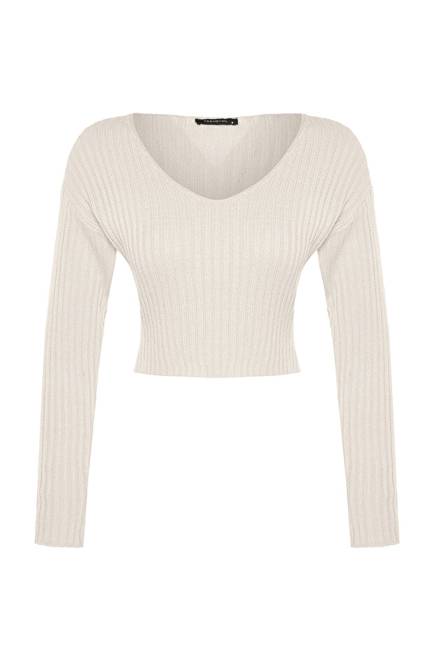 Ekru Crop Basic V Yaka Triko Kazak TWOAW24KZ01214 - 11