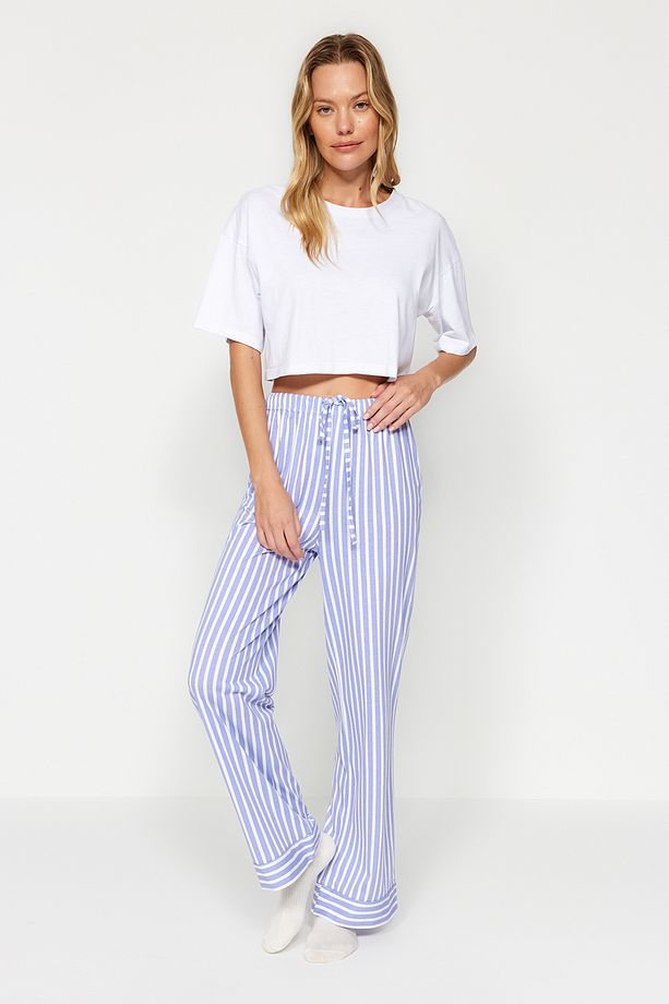 Beyaz Mavi %100 Pamuklu Çizgili Örme Pijama Altı THMAW24PJ00001 - 2