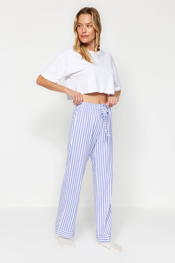 Beyaz Mavi %100 Pamuklu Çizgili Örme Pijama Altı THMAW24PJ00001 - 3