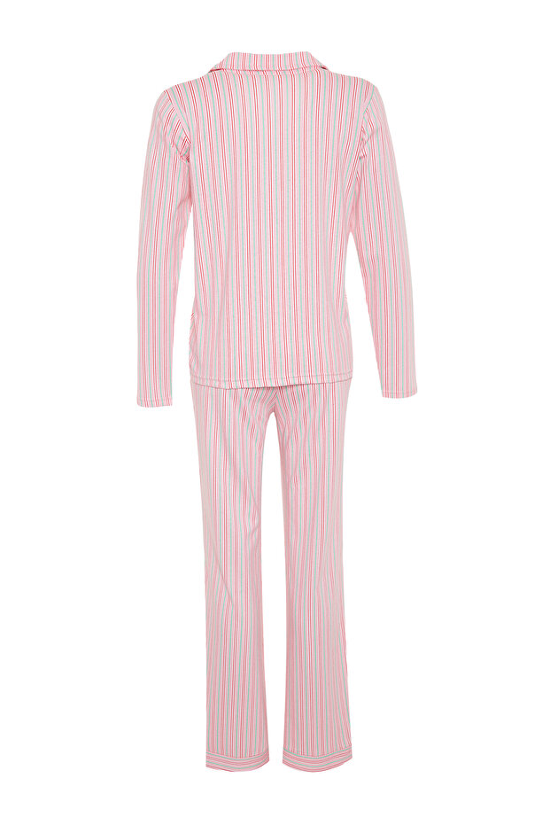 Pembe %100 Pamuklu Çizgili Gömlek-Pantolon Örme Pijama Takımı THMAW24PT00144 - 8