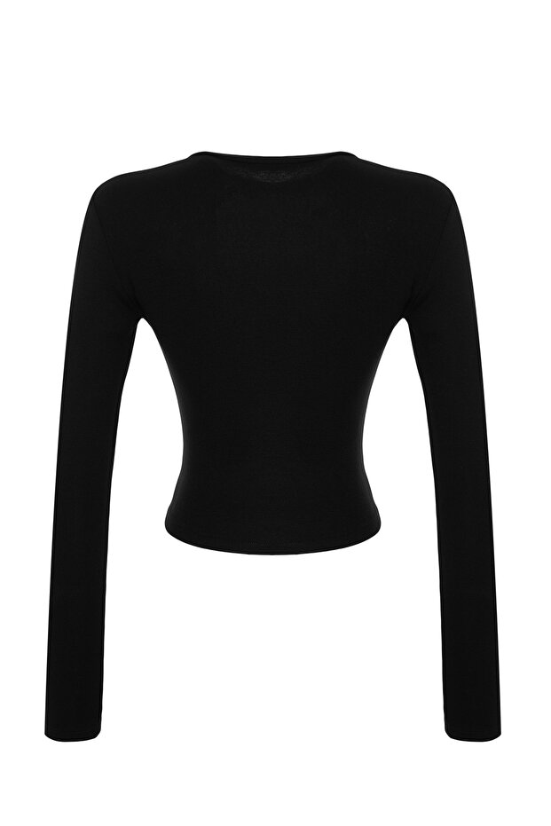 Siyah Yumuşak Kumaşlı Viskon Bisiklet Yaka Crop Esnek Örme Bluz TWOAW24BZ00116 - 8