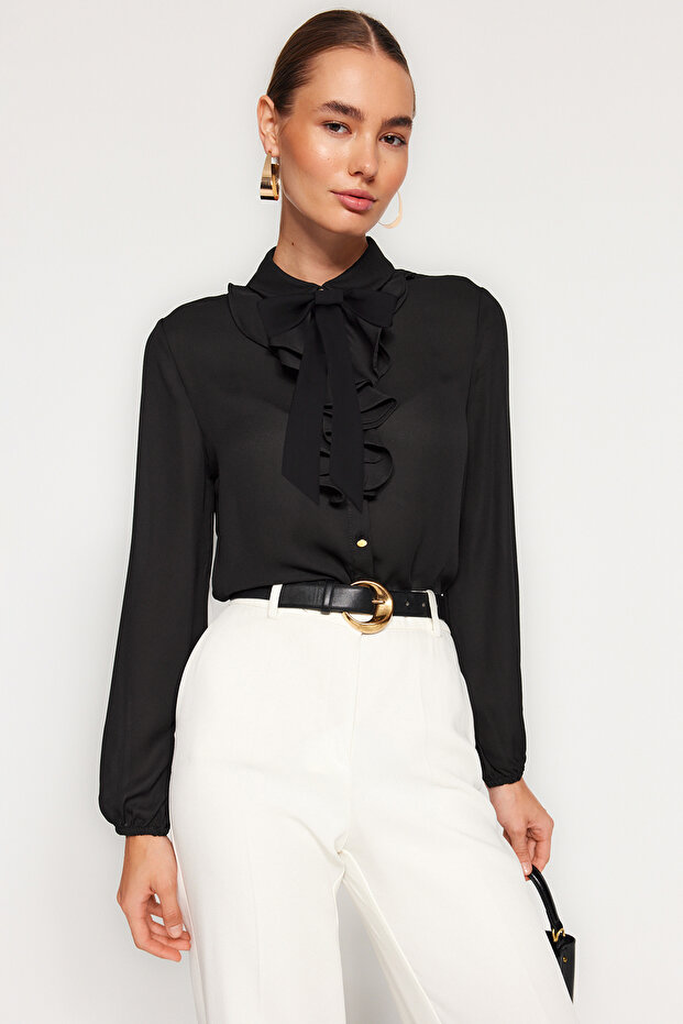 Siyah Çıkarılabilir Fiyonklu Oversize Dokuma Gömlek TWOAW24GO00164 - 1