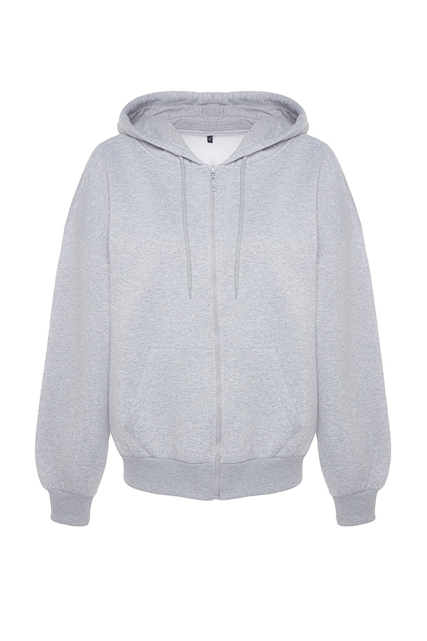 Gri Oversize/Rahat Kesim Basic Kapuşonlu Fermuarlı Kalın İçi Polarlı Örme Sweatshirt TWOAW24SW00188 - 6