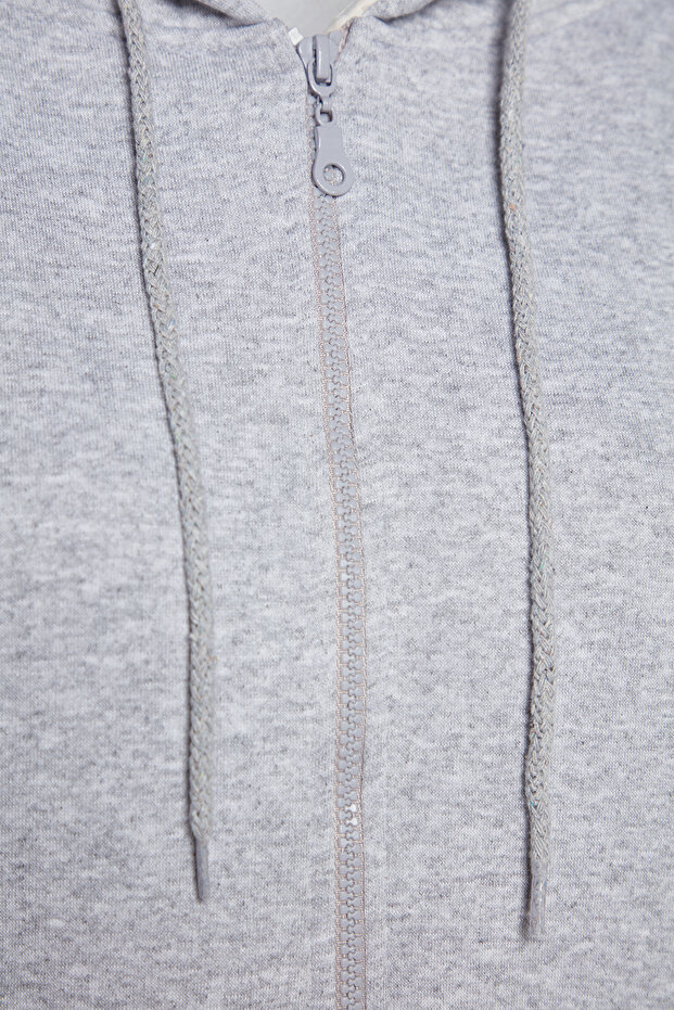 Gri Oversize/Rahat Kesim Basic Kapuşonlu Fermuarlı Kalın İçi Polarlı Örme Sweatshirt TWOAW24SW00188 - 8