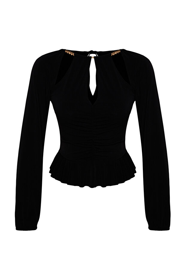 Siyah Pencere/Cut Out Detaylı Aksesuarlı Örme Bluz TPRAW24BZ00053 - 9