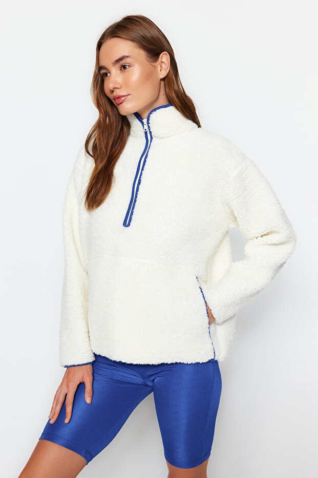 Beyaz Peluş Örme Spor Sweatshirt THMAW23SW00021 - 2