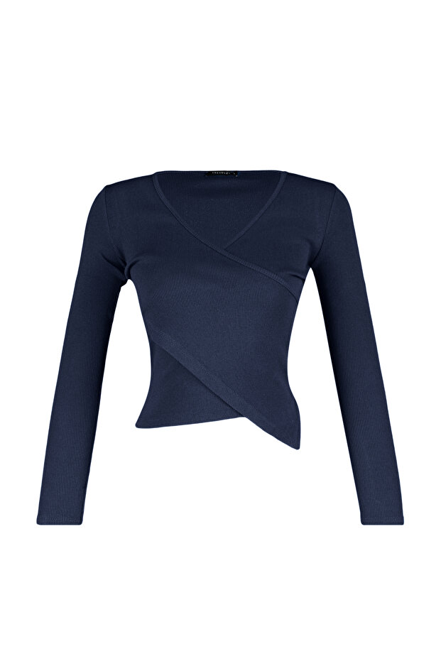 Indigo Fitted/Vücuda Oturan Kruvaze Yaka Uzun Kol Fitilli Esnek Örme Bluz TWOAW21BZ1274 - 2