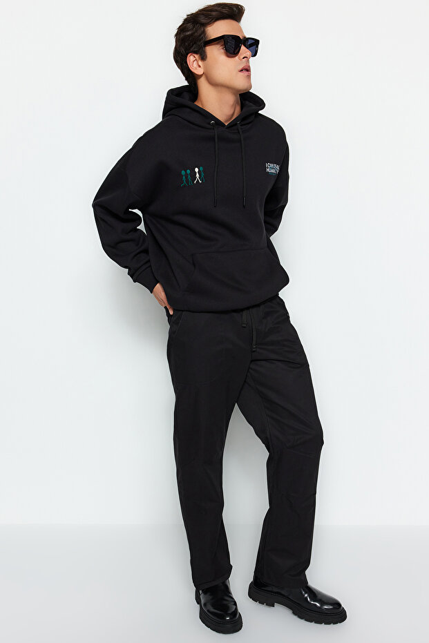 Siyah Regular Fit Beli Bağcık Detaylı Pantolon TMNAW24PL00017 - 3