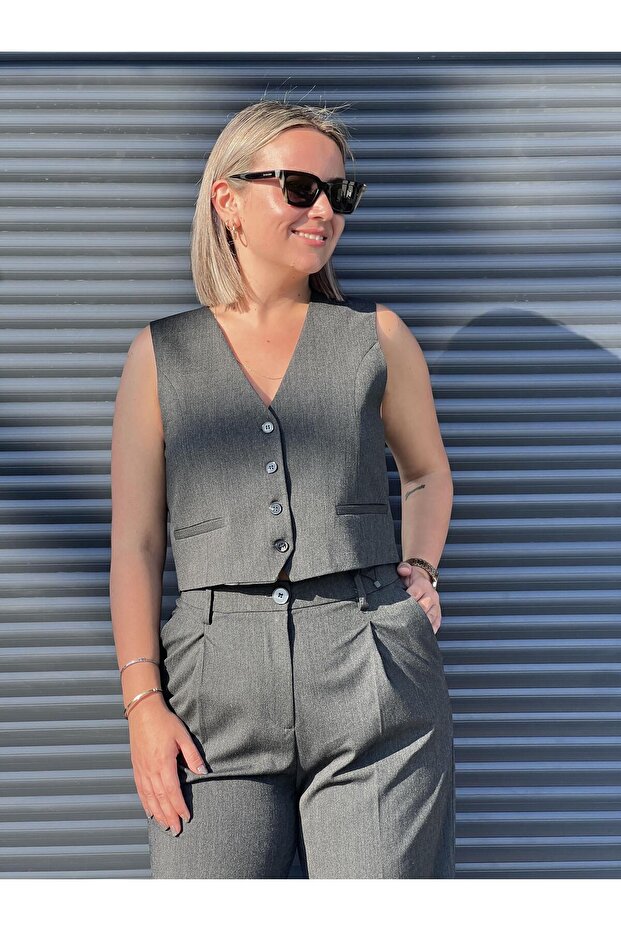 Antrasit Düğmeli Yelek - 2