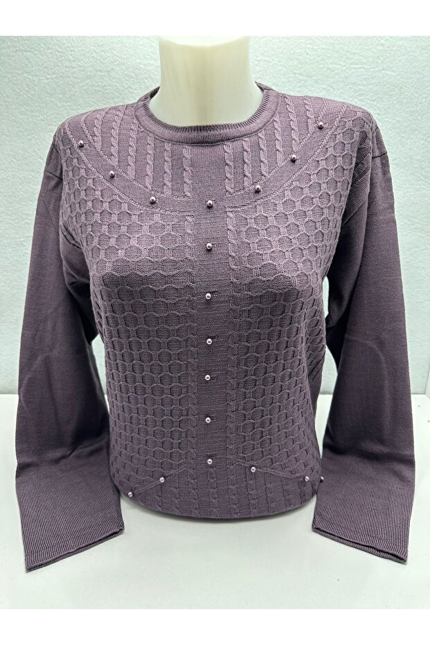 EMBOSSED PATTERNED STONE DETAILED REGULAR SIZE KNITWEAR WOMEN'S MOTHER SWEATER