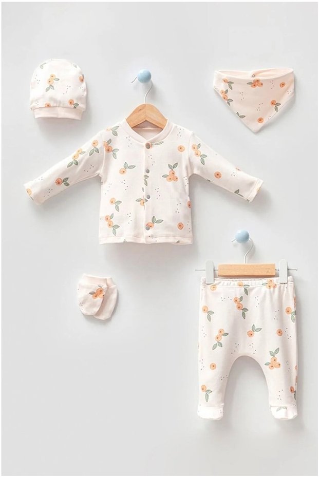 Unisex Baby Natural Mandarin Printed Natural 5-Piece Hospital Discharge Bodysuit Set