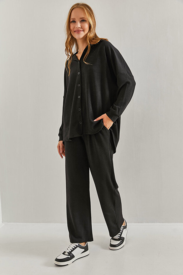 Women's Black Ottoman Fabric Bottom-Top Set 40951014