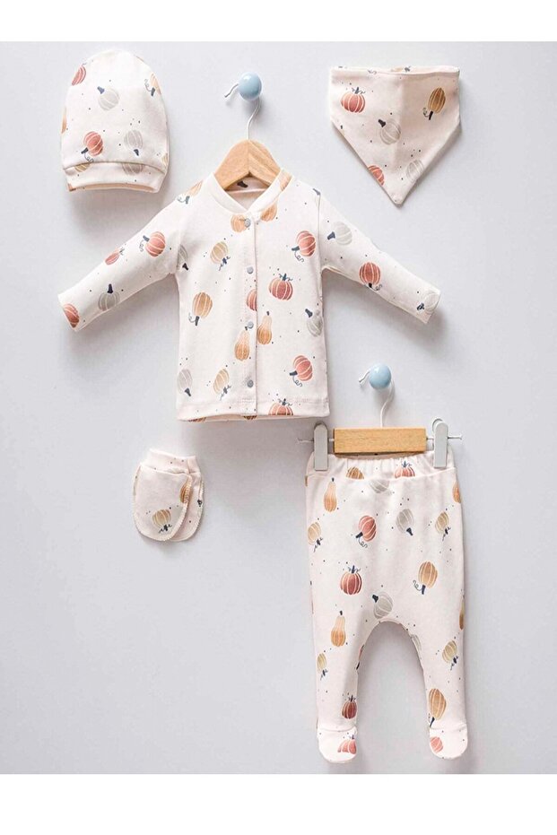 Unisex Baby Natural Pumpkin Printed Natural 5-Piece Hospital Exit Bodysuit Set