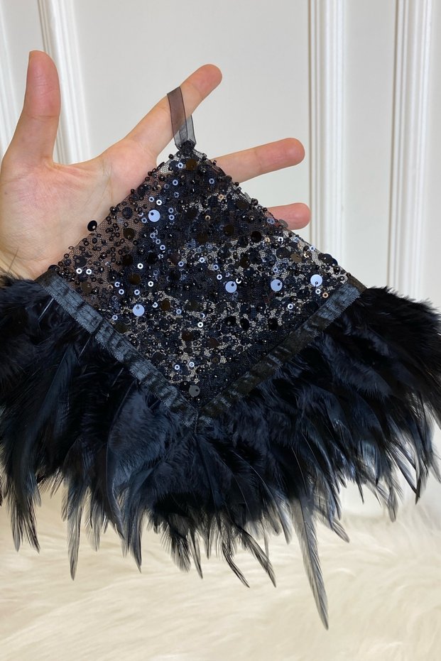 Black Authentic Vip Bridal Handkerchief, Halay Albanian Handkerchief with Beaded Pearl Sequins and Feather Detail