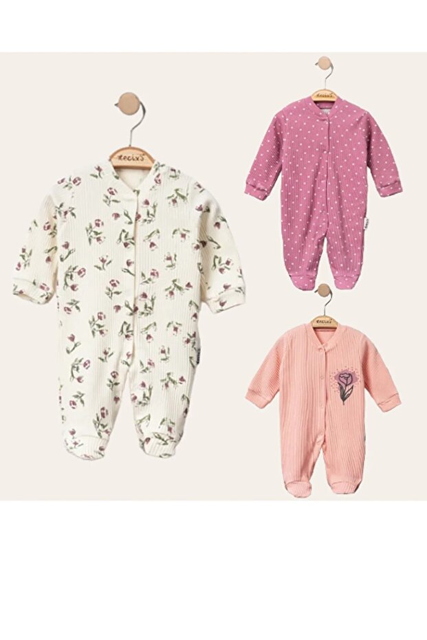 salmon flower patterned pointed single size 3-piece girl baby jumpsuit