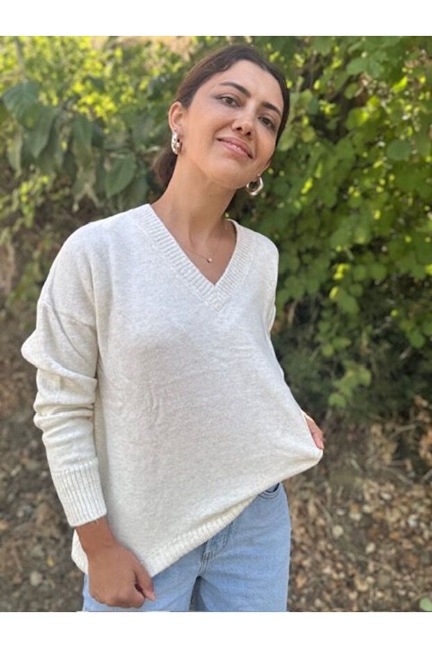 V Yaka Bol Kesim Basic Uzun Kollu Triko Kazak-Ekru - 6
