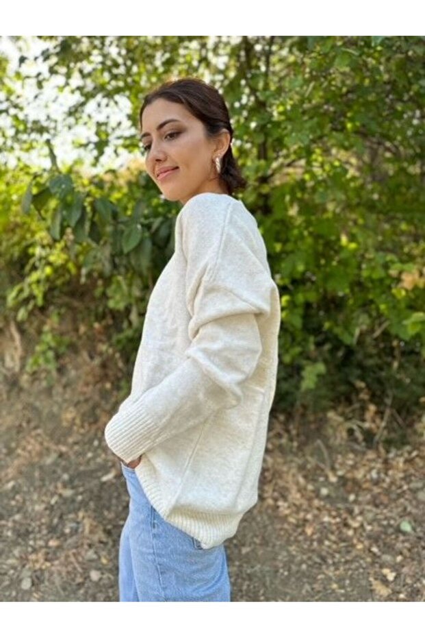 V Yaka Bol Kesim Basic Uzun Kollu Triko Kazak-Ekru - 3