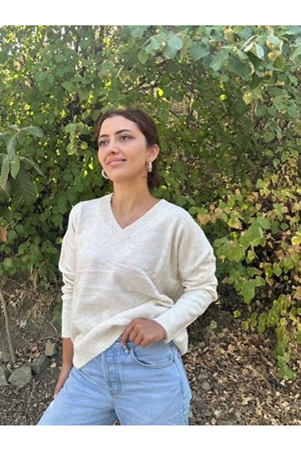 V Yaka Bol Kesim Basic Uzun Kollu Triko Kazak-Ekru - 7
