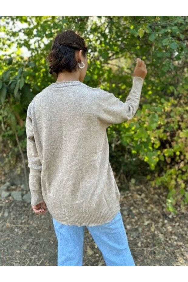 V Yaka Bol Kesim Basic Uzun Kollu Triko Kazak-Bej - 7