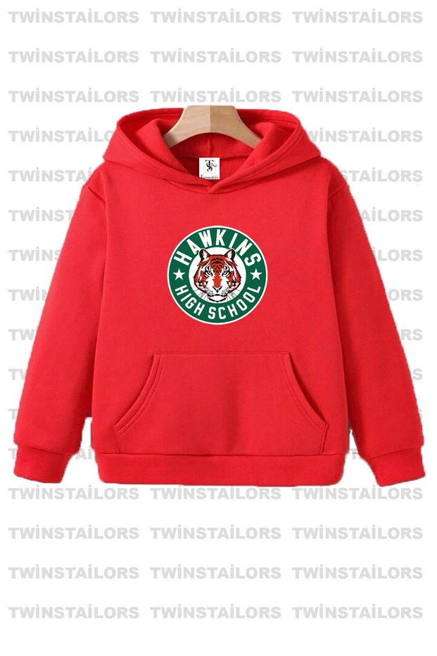 Tiger Printed Unisex Hooded Red Kids Sweatshirt Hoodie