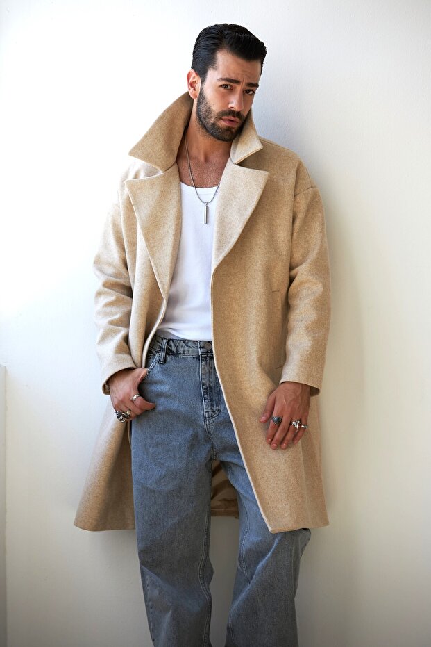 معطف رجالي طويل بدون غطاء للرأس، مزيج من الصوف باللون البيج - 8