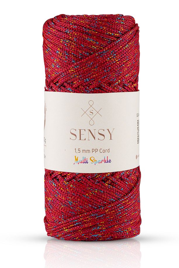 Multi Sparkle Simli Çok Renkli İp 100 Gr Polyester Makrome İpi Koyu Kırmızı 1,5 Mm - 150 M - 1