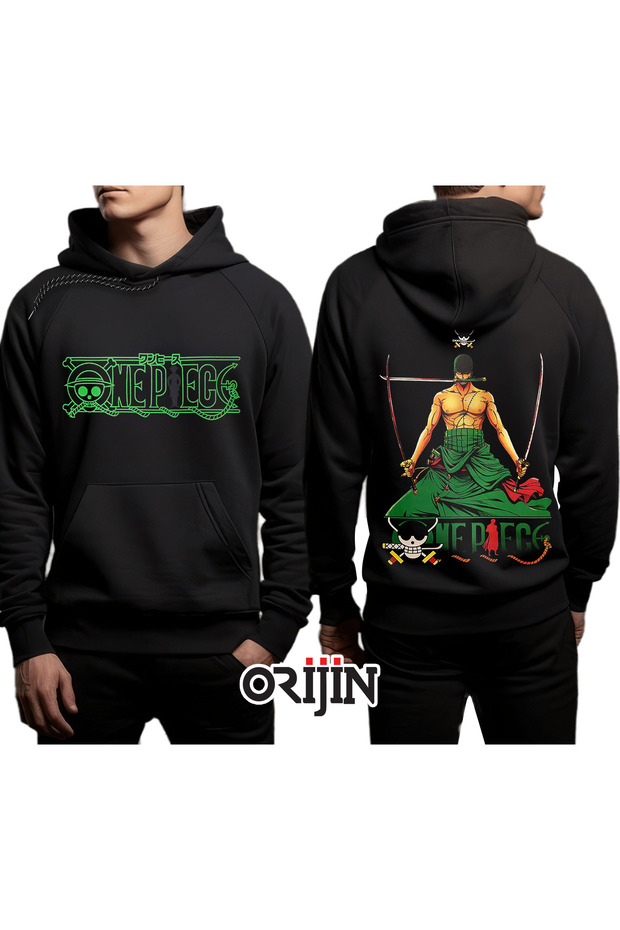 One Piece Roronoa Zoro Front and Back Printed Black Hooded Sweatshirt