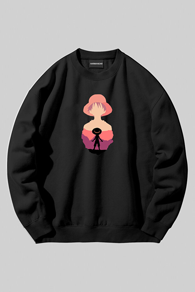 One Piece Luffy Printed Unisex Black Crew Neck Sweatshirt