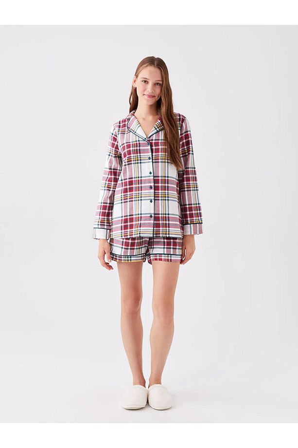 LCW DREAM Gömlek Yaka Ekose Uzun Kollu Kadın Şortlu Pijama Takımı - 3