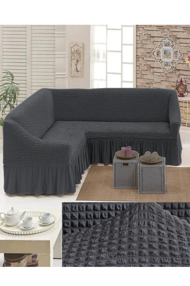 L Shaped Sofa Cover with Pleated Fabric, Skirt. 1 Pcs Stretchy L Seat Cover with Sponge