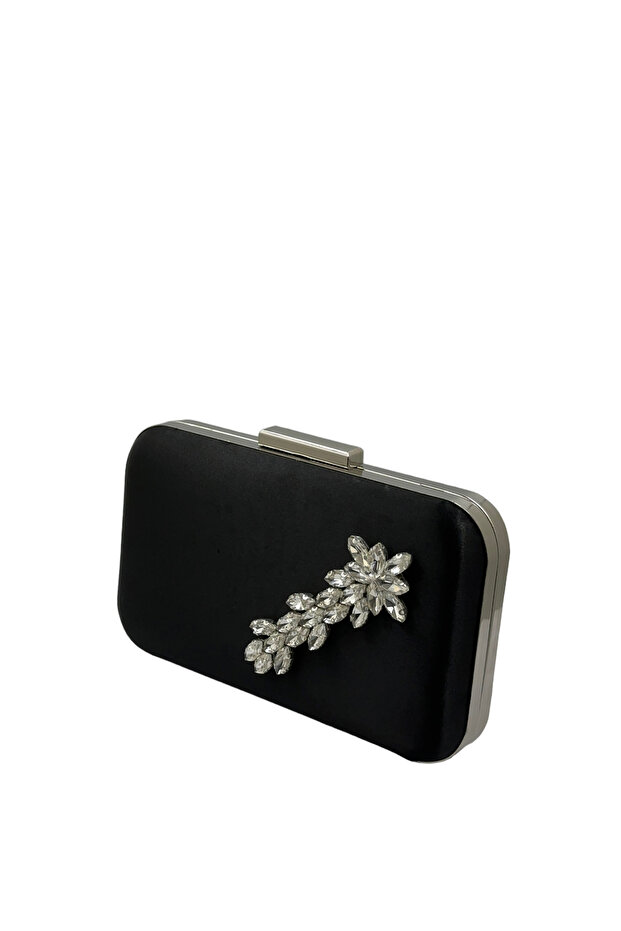 Black Color Satin Silver Case Silver Stone Evening Bag Evening Bag Wedding Engagement Portfolio