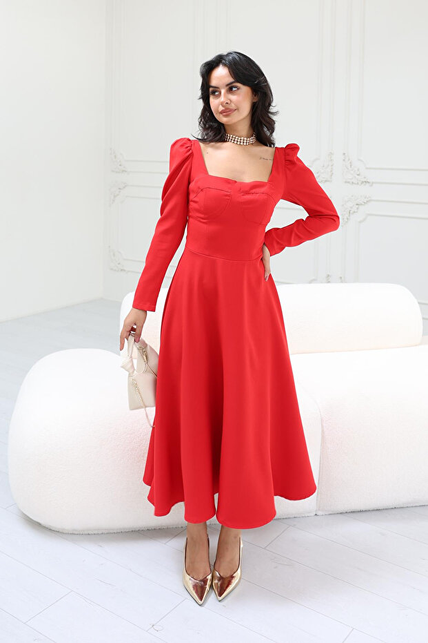 Women's Long Sleeve Midi Dress with Chest Cup - Red