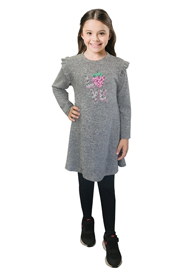 Dofi Kız Çocuk Gri Desenli Pullu Elbise - 1