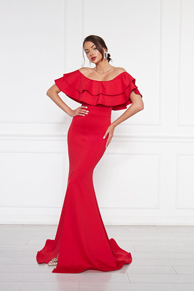 Flexibilní potápěčská tkanina Madonna s výstřihem na krk Maxi délka Rybí model plus velikosti červené večerní šaty - 7