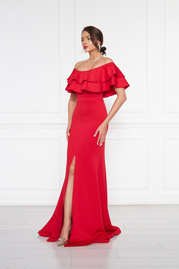 Flexibilní potápěčská tkanina Madonna s výstřihem na krk Maxi délka Rybí model plus velikosti červené večerní šaty - 5