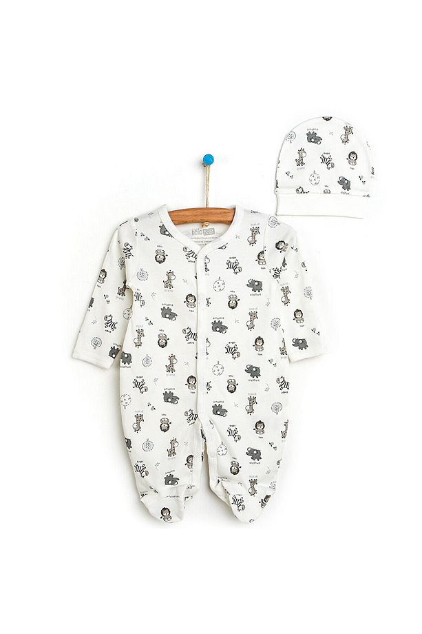 HelloBaby Yenidoğan Bebek Sevimli Hayvanlar Kendinden Eldivenli Çıtçıtlı Tulum-Şapka 2li Set Unis - 1