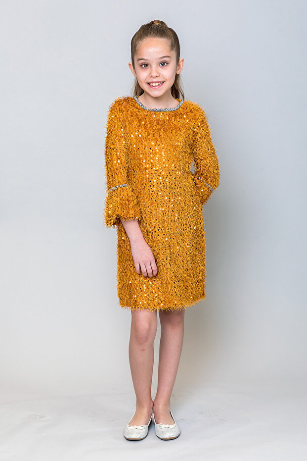 Girl's 3/4 Sleeve Sequined Evening Dress