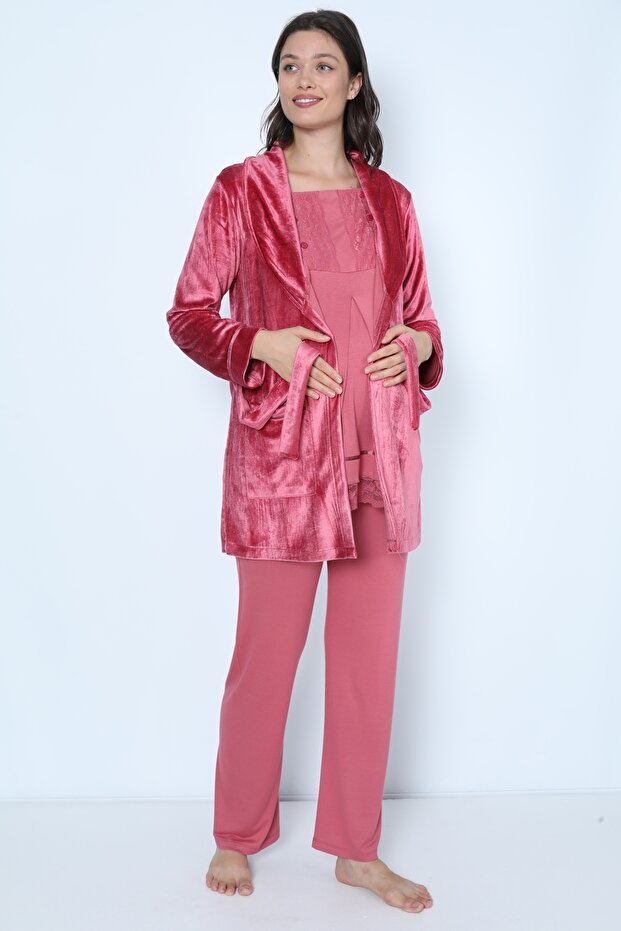 Plum Velvet Maternity and Maternity Pajamas Set with Dressing Gown