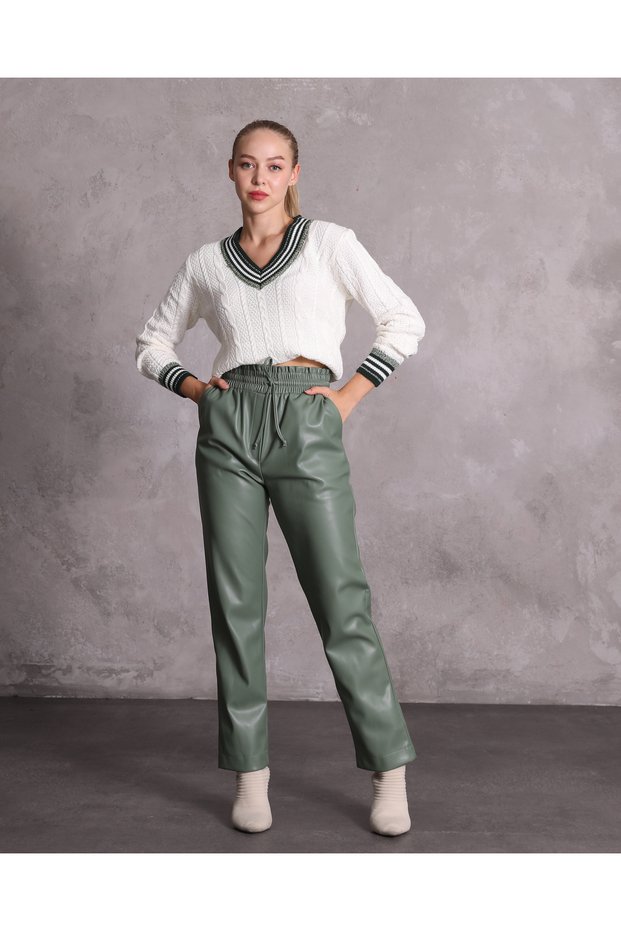 Women's Green High Waist Elastic and Lacing Detailed Faux Leather Trousers