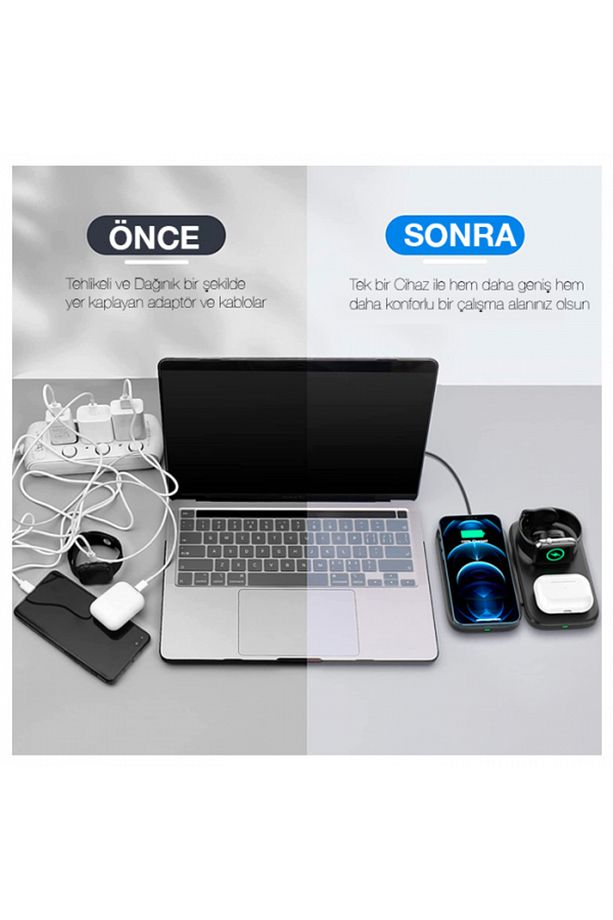 W66 15W 3 in1 Android + iPhone Taşınabilir Mini Kablosuz Hızlı Şarj Standı - 4