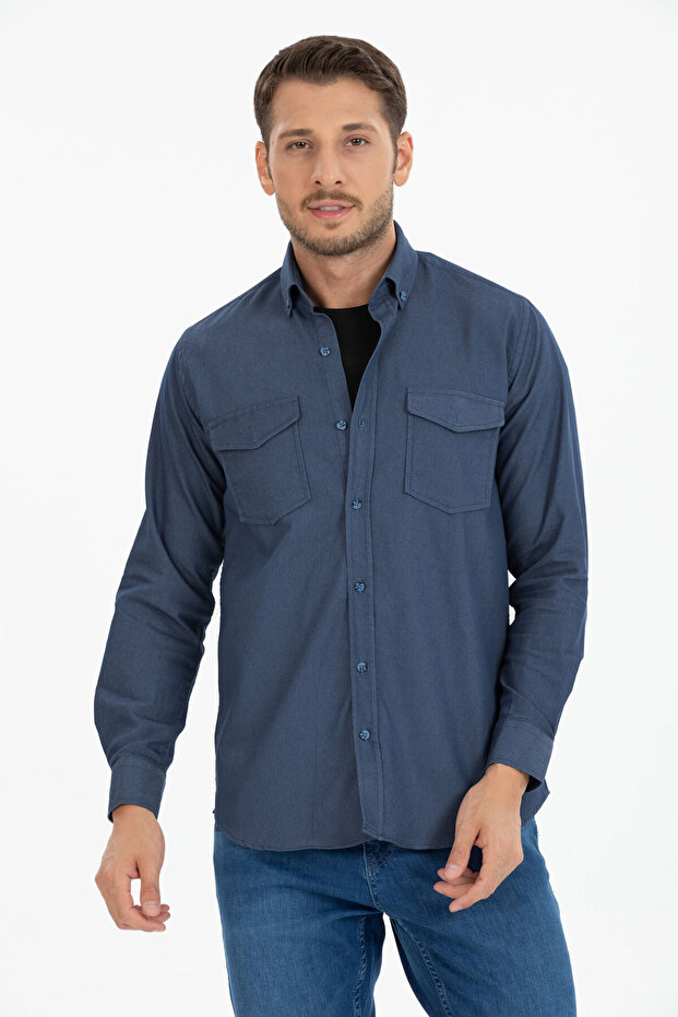 Men's Denim Blue Double Pocket Plain Lycra Long Sleeve Denim Shirt