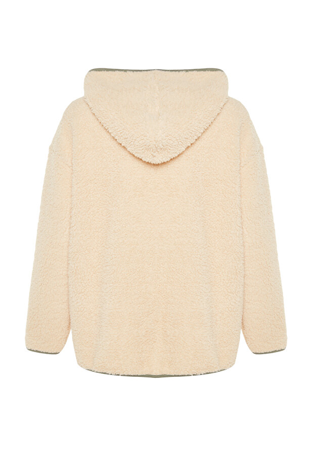 Ekru Kalın Kontrast Biyeli Kapüşonlu Relaxed/Rahat Kalıp Örme Sweatshirt TWOAW24SW00021 - 8