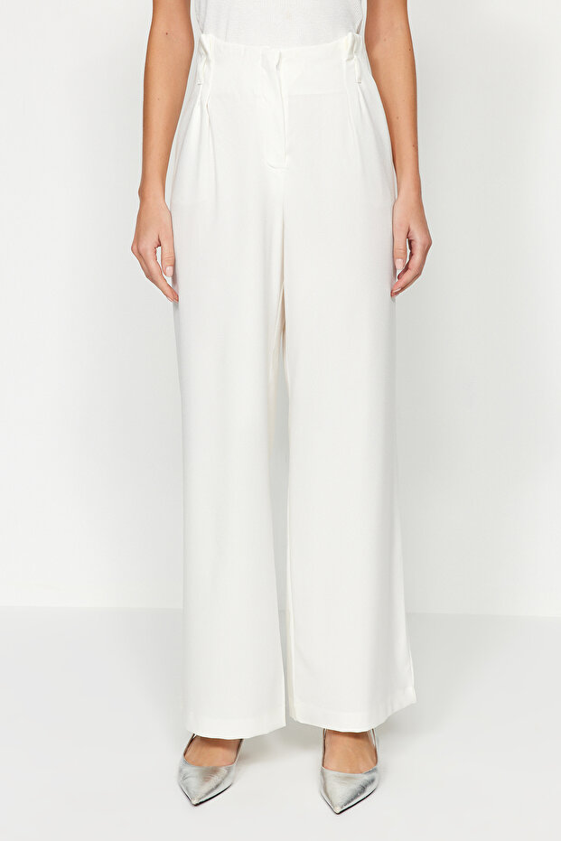 Ekru Yüksek Bel Wide Leg Geniş Paça Dokuma Pantolon TWOAW24PL00332 - 6
