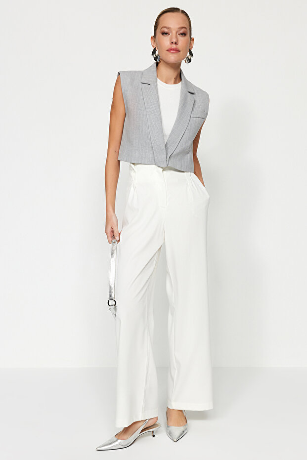 Ekru Yüksek Bel Wide Leg Geniş Paça Dokuma Pantolon TWOAW24PL00332 - 2