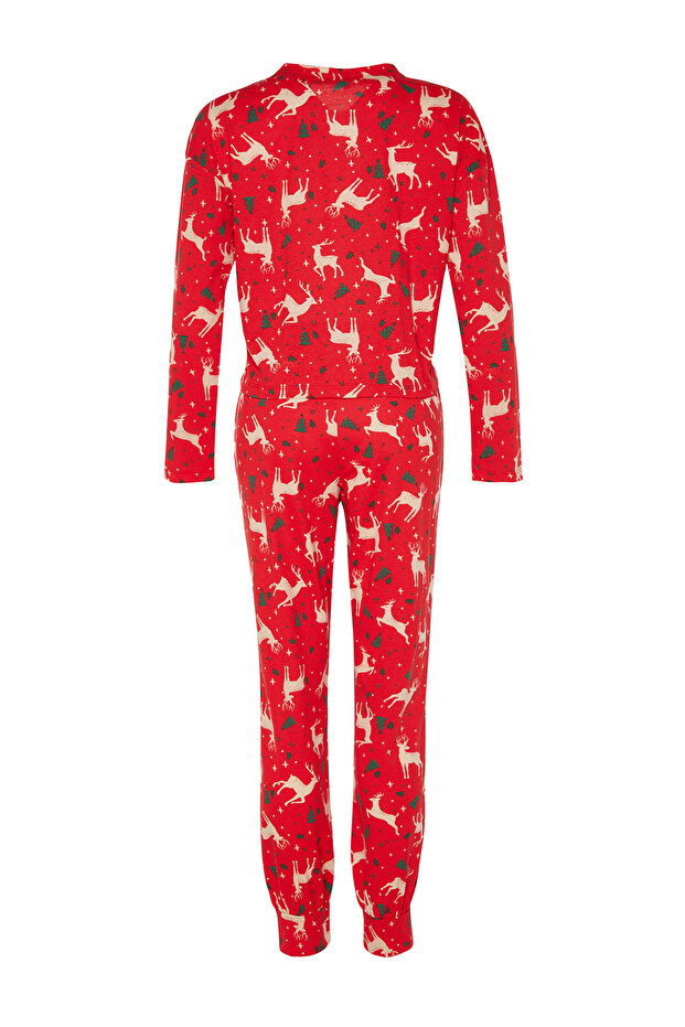 Kırmızı %100 Pamuklu Yılbaşı Temalı Örme Pijama Takımı THMAW21PT0771 - 8