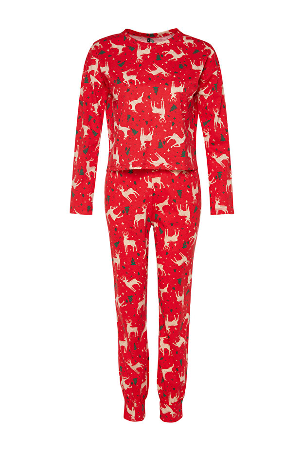 Kırmızı %100 Pamuklu Yılbaşı Temalı Örme Pijama Takımı THMAW21PT0771 - 6