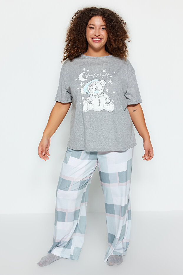 Szary komplet piżam z dzianiny w kratkę TBBAW24AI00020 - 2