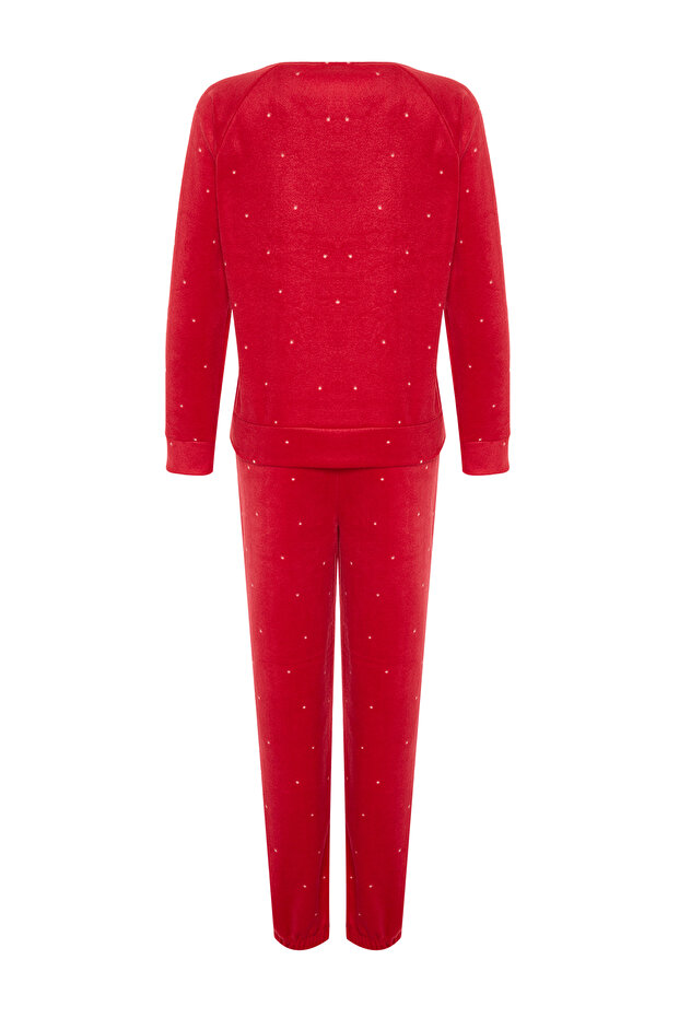 Kırmızı Puantiyeli Polar Kışlık Örme Pijama Takımı THMAW24PT00032 - 9