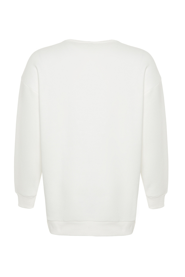 Ekru Kalın İçi Polarlı Yırtmaçlı Oversize/Bol Kesim Örme Büyük Beden Sweatshirt TBBAW24AO00003 - 8