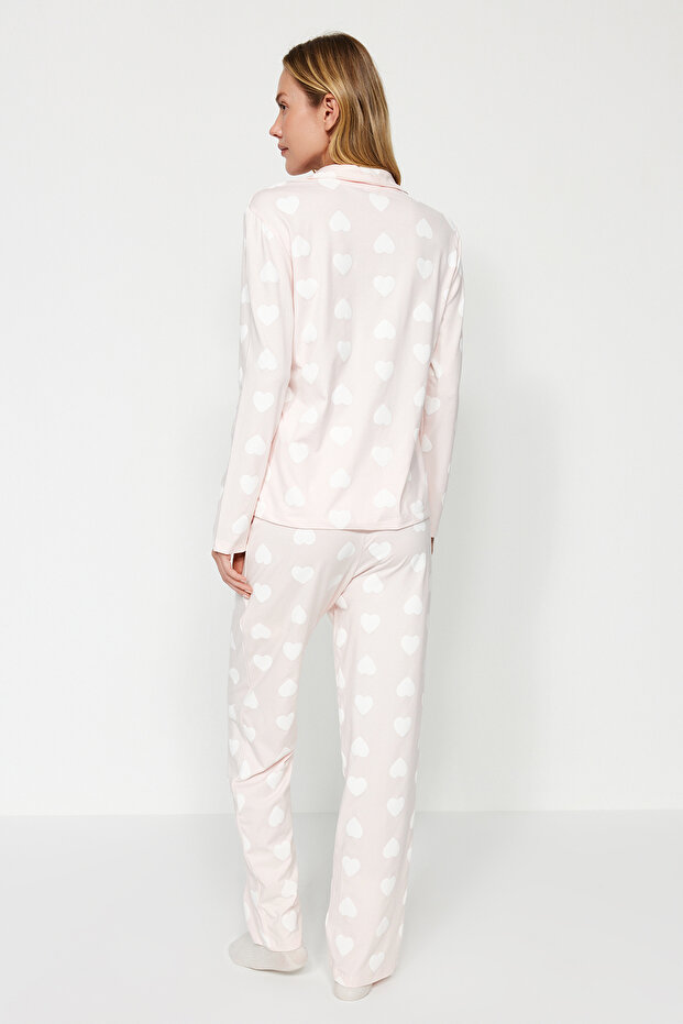 Pudra %100 Pamuklu Kalpli Gömlek-Pantolon Örme Pijama Takımı THMAW24PT00253 - 6